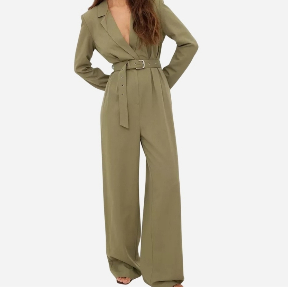 NWT Romee Strijd x NA-KD Khaki Green Box Pleated Jumpsuit Size EU 40